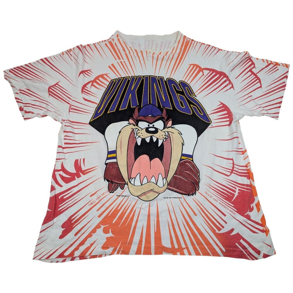 Vintage 90’s Looney Tunes X Minnesota Vikings Taz AOP Short Sleeve T-Shirt GRAIL